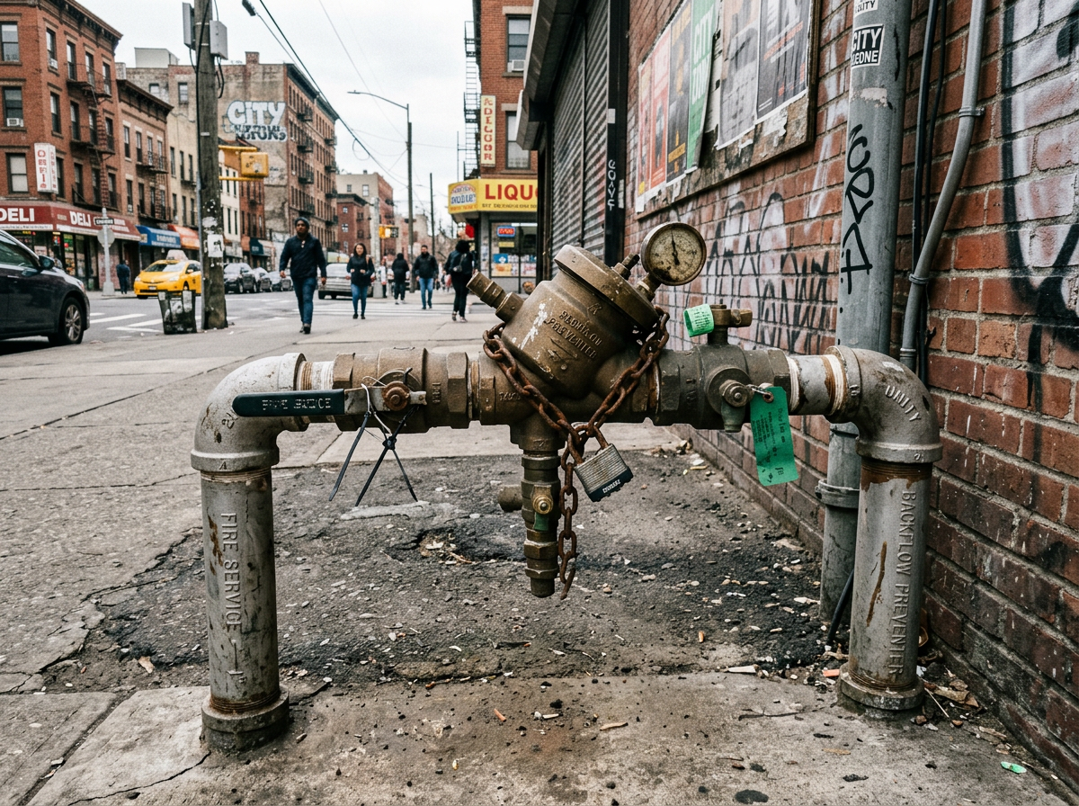 Chained fire service valve with pressure gauge on urban sidewalk